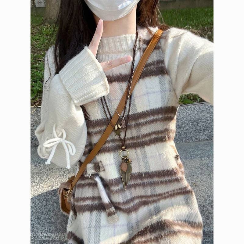 森系复古超好看条纹连衣裙2024秋冬新款设计感内搭系带毛衣套装女,女装/女士精品,时尚套装,淘宝优惠券,粉丝福利购,淘宝优惠卷