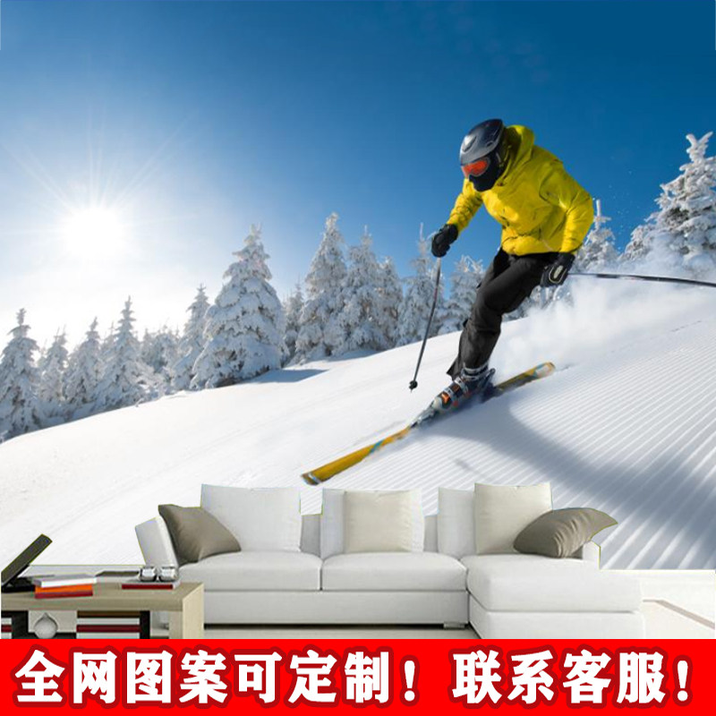 简约现代滑雪运动员壁纸雪山户外雪景定制背景墙餐厅饭店工装壁画
