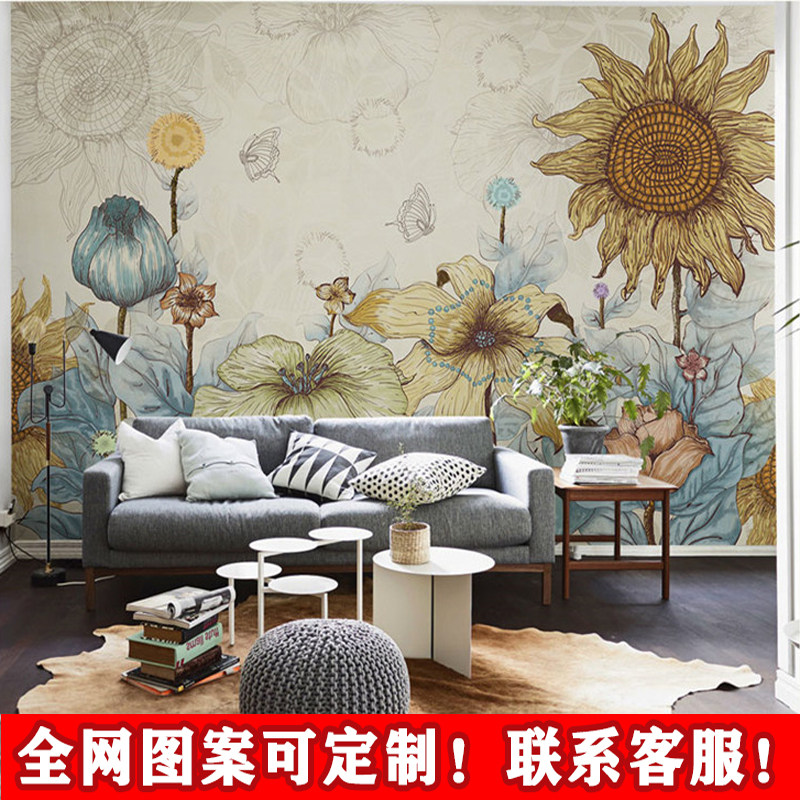 北欧手绘向日葵电视壁画客厅卧室装饰墙纸简约花朵个性艺术背景墙