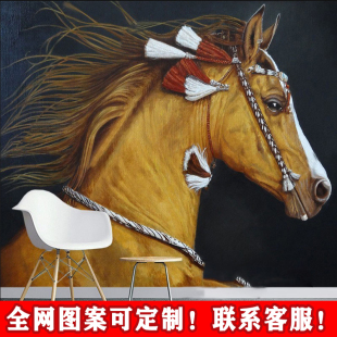 简约金色骏马轻奢壁布北欧艺术马头手绘背景墙布高端别墅民宿墙纸