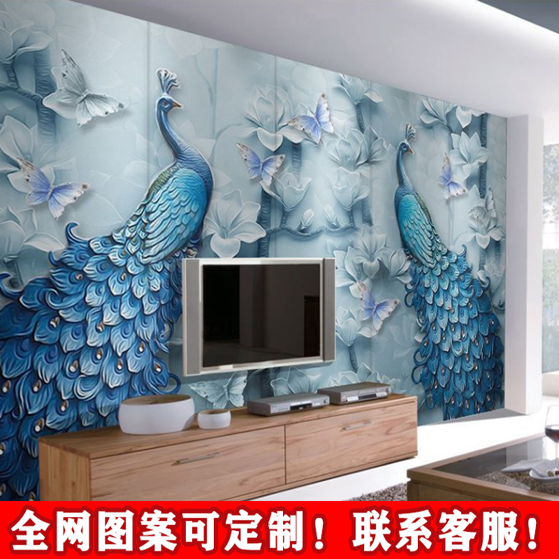 中式玉兰花鸟电视背景墙蓝色双头孔雀国画壁纸客厅沙发装饰墙布图片