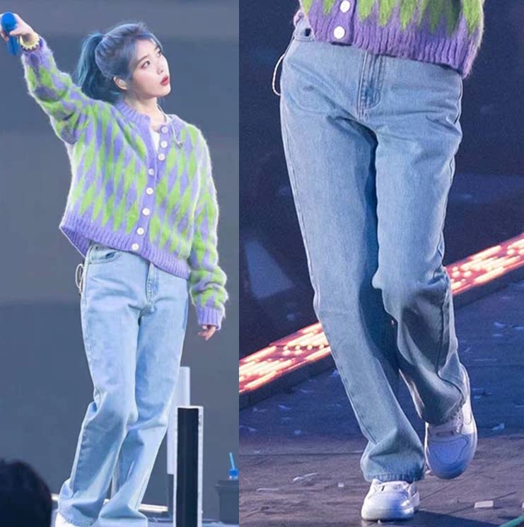 李知恩iu同款阔腿牛仔裤女宽松秋冬2021新款高腰老爹裤直筒长裤子