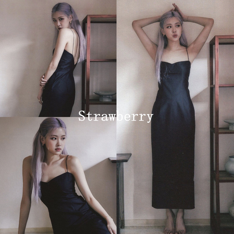 rose朴彩英同款黑色吊带连衣裙法式复古小众高腰显瘦气质小黑裙子