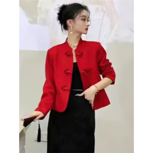 红色国风外套高级感短款外搭开衫春秋新中式女装复古唐装盘扣上衣