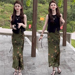 欧货时尚套装裙女2025夏季新款洋气显瘦无袖马甲国风印花半身裙两
