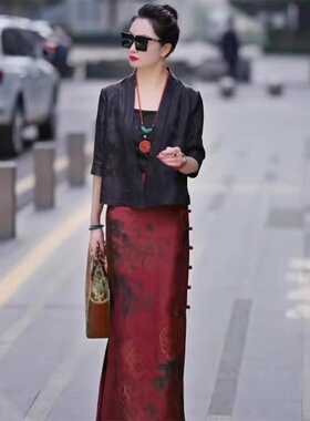 黑色香云纱短外套女2024春夏新款高档中式国风真丝桑蚕丝开衫上衣