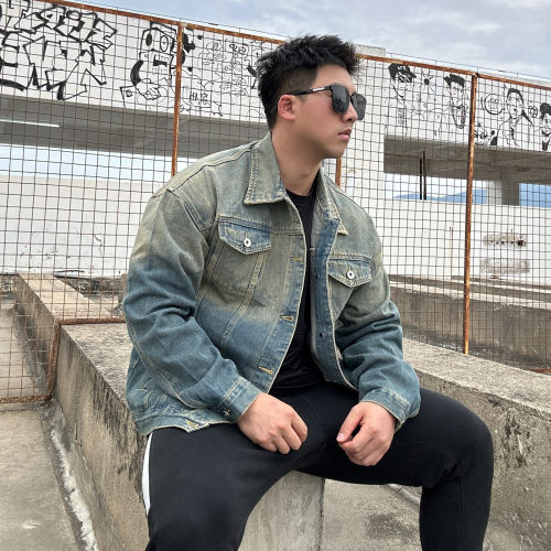 美式复古牛仔外套男宽松做旧牛仔衣秋季男装渐变潮牌痞帅夹克上衣