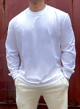 重磅美式运动长袖T恤男小领口圆领纯棉白色打底衫健身卫衣春秋季