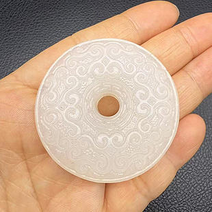 阿富汗白玉如意纹玉吊坠平安扣云纹玉佩单面雕刻挂件项坠玉扣祥云