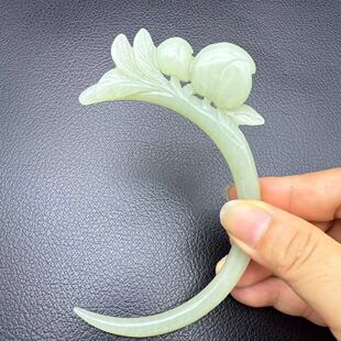 和田玉青白玉玄月簪福寿如意发簪玉簪古风汉服头饰发饰寿桃月牙簪