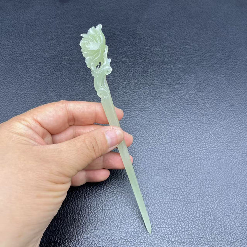 和田玉牡丹花发簪玉簪青海料晴水色古风汉服头饰如意莲花头饰发饰