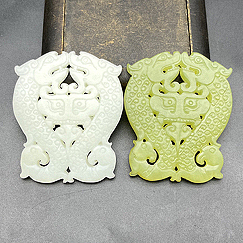 岫玉仿古龙凤兽面玉佩饕餮纹双龙双凤吊挂件古风汉服腰佩DIY挂坠