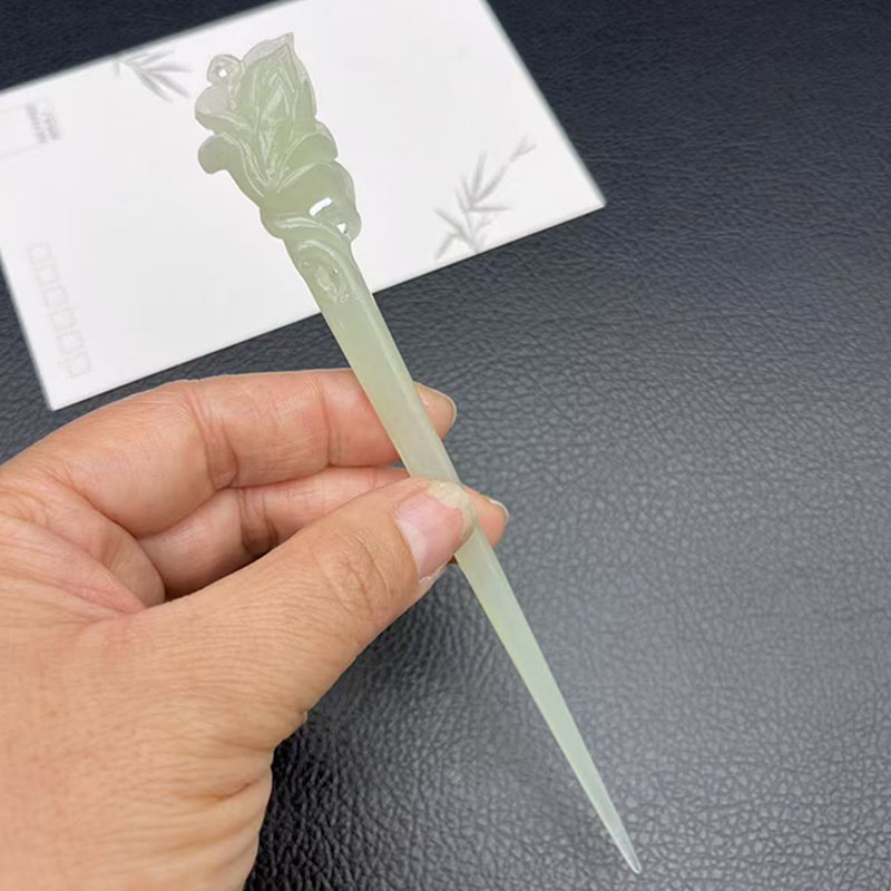 和田玉兰花玉发簪青海料花开富贵玉簪古风汉服头饰发饰新中式簪子