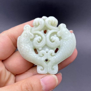 岫玉镂空水墨色双鱼吊坠挂件连年有余情投意合玉石玉佩手工腰佩玉