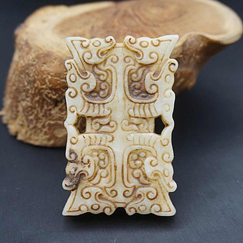 雪花玉双龙玉吊坠挂件仿古做旧双面雕刻方古龙玉佩 玉坠 腰佩流苏