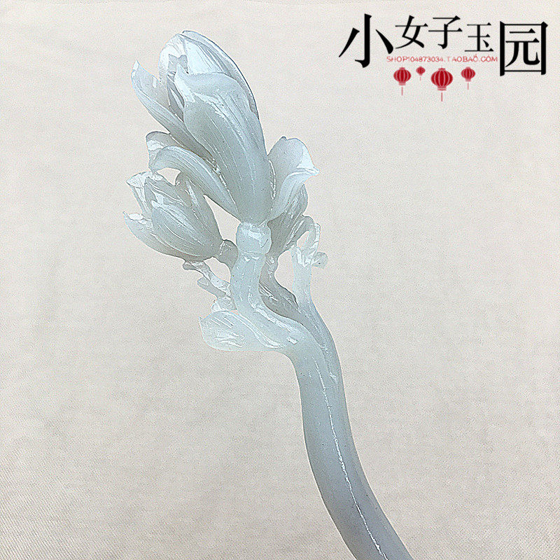和田玉兰花发簪青海烟灰色