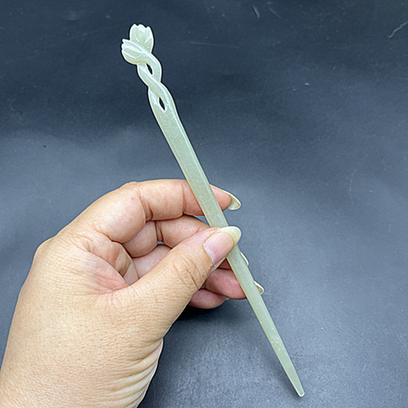 和田玉花骨朵发簪玉簪盘发玉钗古装汉服旗袍压襟头饰荷花朵簪子玉