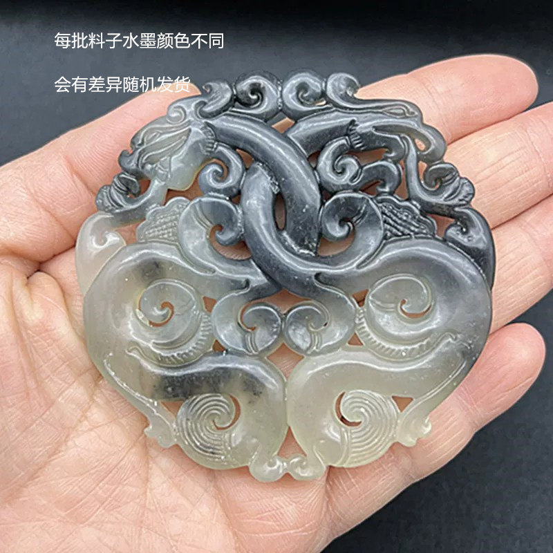 岫玉水墨风龙凤吊坠挂件镂空玉佩玉坠仿古龙凤呈祥汉服玉腰佩流苏