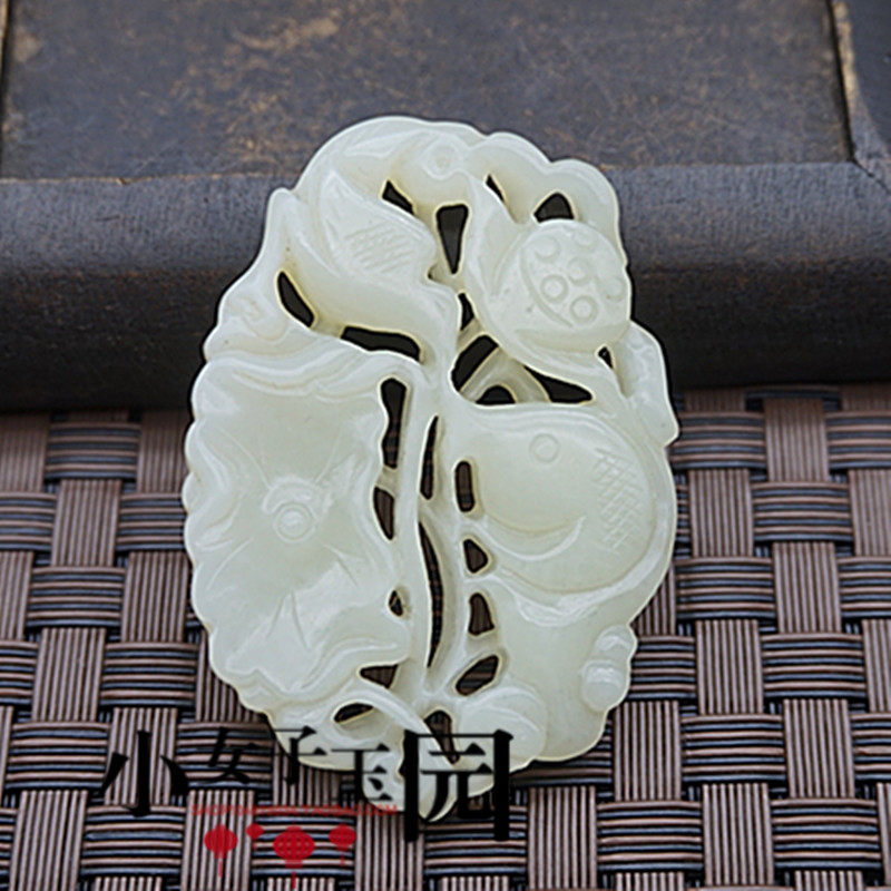 和田玉拉丝镂空雕刻连年有鱼吊坠挂件颈饰复古雕刻莲花鱼配饰配件