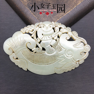 和田玉青白玉鱼龙童子玉佩颈饰项链挂件拉丝镂复古玉古玩玉器收藏