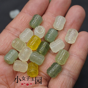 岫玉通孔桶珠小吊坠仿古雕文小玉勒子配饰配件玉珠散珠 手链 配件