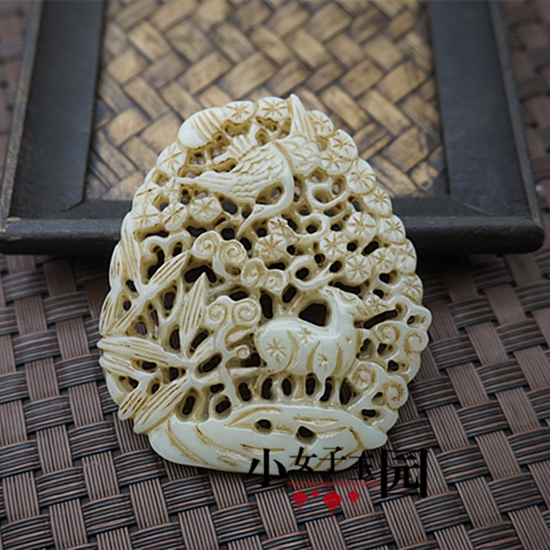 古玉老玉仿古和田玉鹿鹤同春镂空玉佩挂件古玩古董老玉器挂件包邮