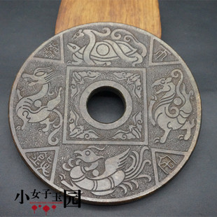 古玩玉石老岫玉四大神兽玉璧玉器摆件浮雕花纹战汉古玉圆壁镇宅