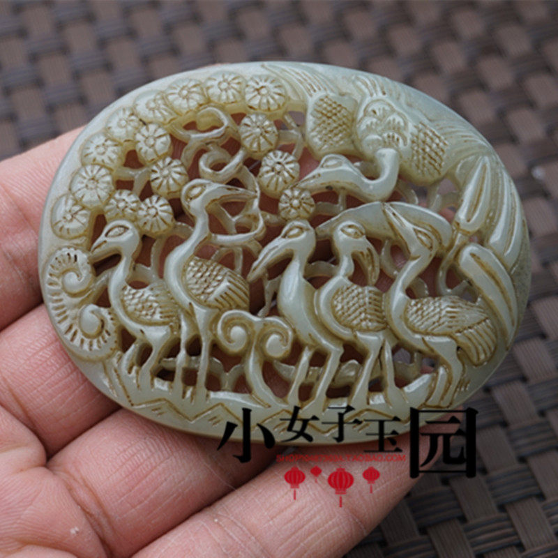 仿明清雕刻仙鹤玉佩玉坠和田玉拉丝做旧雕刻一路联科挂件毛衣坠