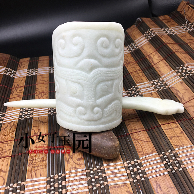 古风发饰古装拍摄道具玉冠帽冠古玉汉文化兽面纹玉发冠高古男冠