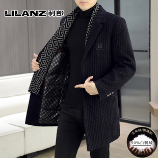 利郎男士中长款毛呢羽绒服2025新款秋冬季高级感条纹加厚呢子外套