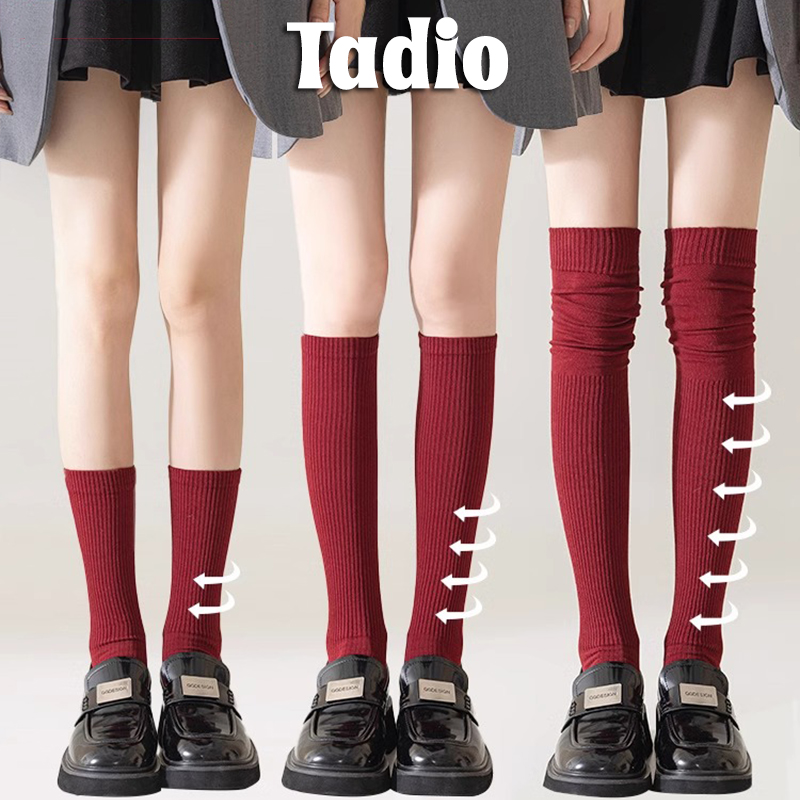 日本Tadio红色袜子女纯棉小腿过膝袜春秋压力长筒中筒堆堆袜长袜