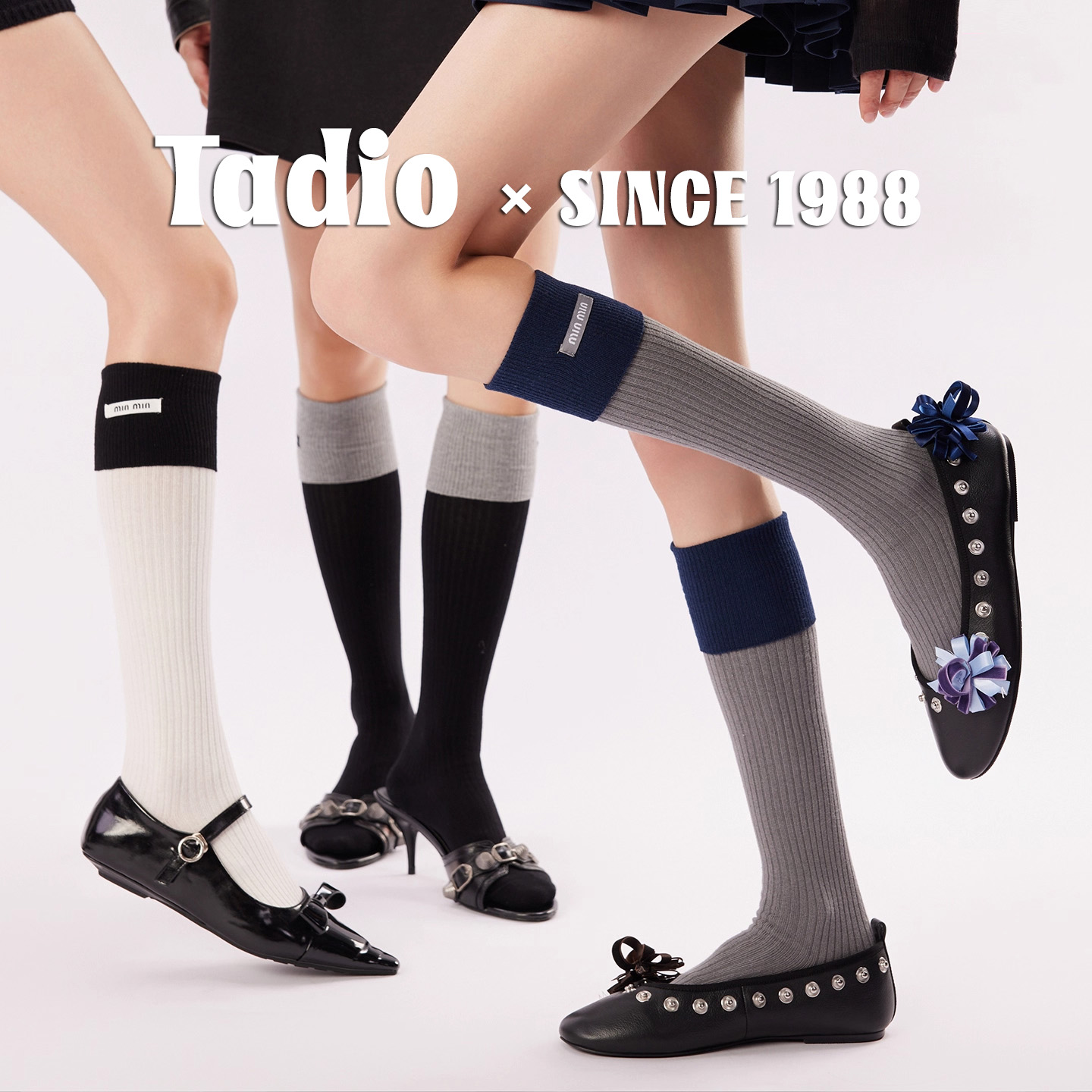 日本Tadio秋冬季小腿袜女miu布标翻口堆堆袜学院风撞色百搭长筒袜