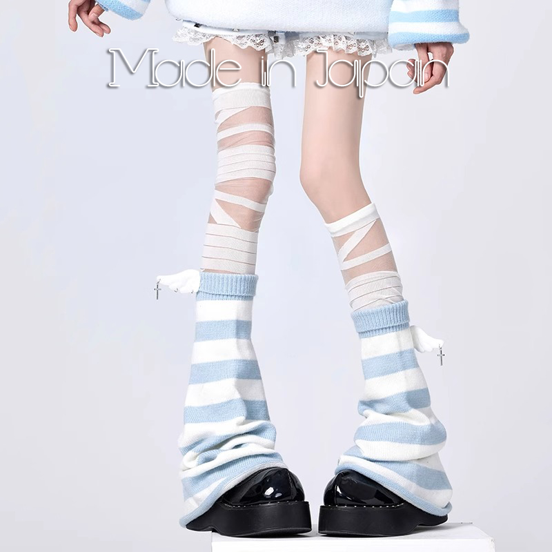 日本durgge原创日系朋克亚文化白蓝条纹水色天使腿套绑带袜套