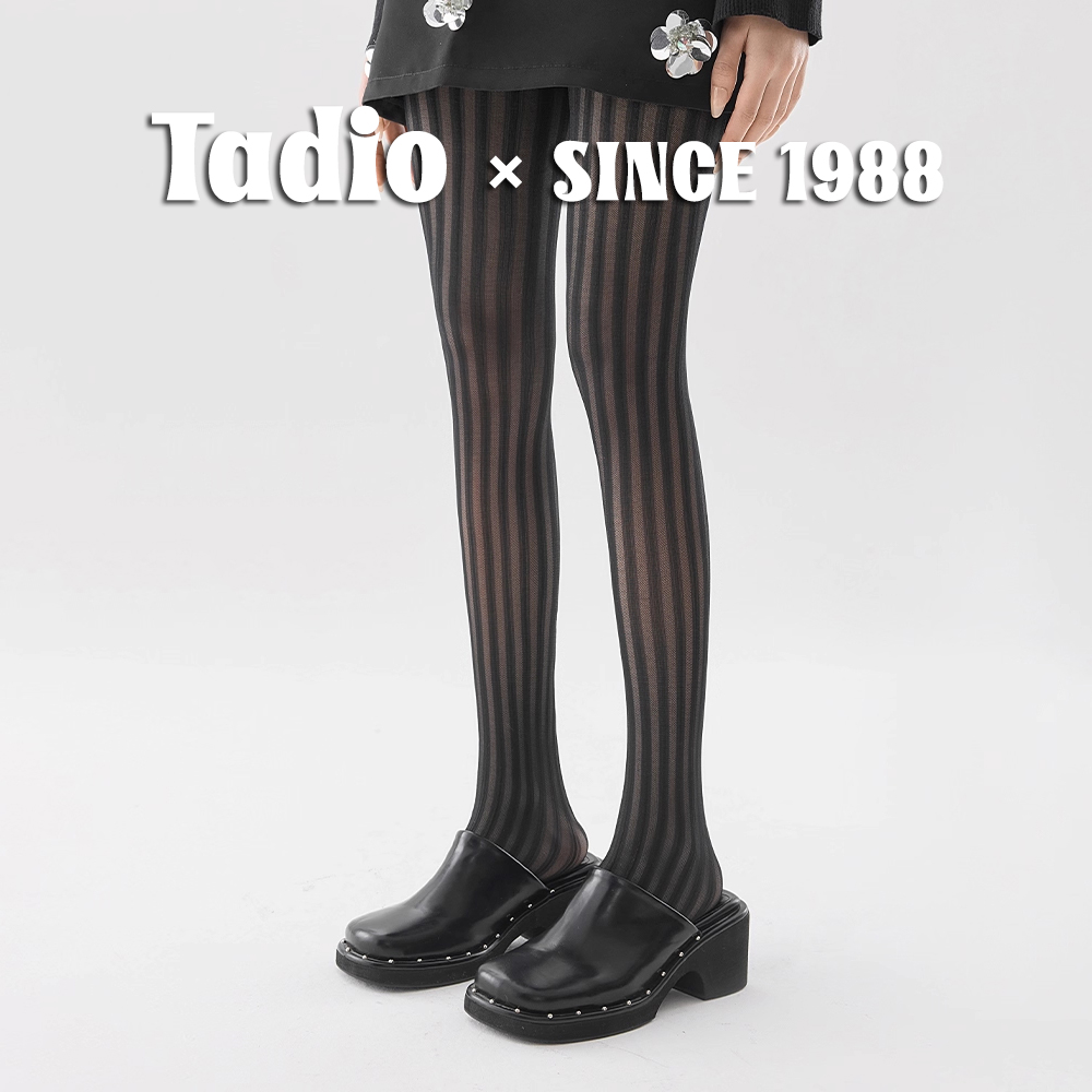 日本Tadio性感超薄宽纹丝袜女春秋薄款黑丝防勾丝高透灰色连裤袜