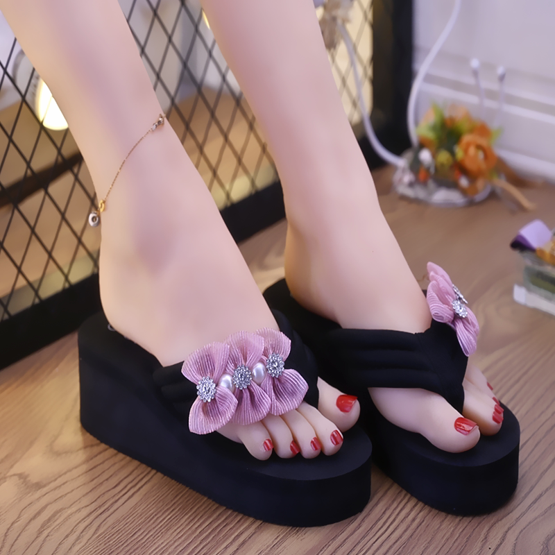 新款女夏蝴蝶结人字拖女凉鞋外穿防滑厚底沙滩鞋坡跟夹脚拖6厘米