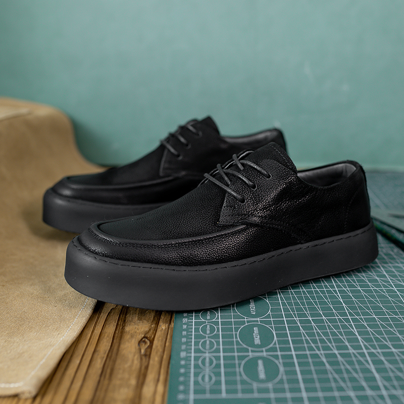 日系复古牛皮休闲鞋男23秋冬新款黑色软底低帮百搭小皮鞋真皮板鞋
