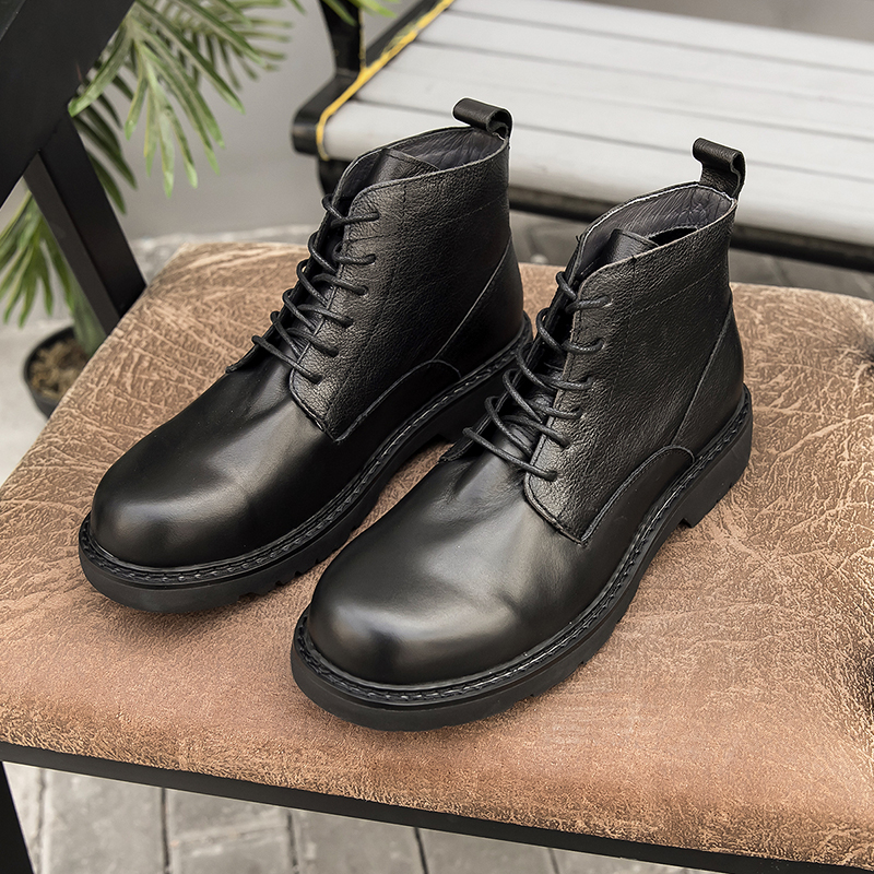 冬季新款真皮男士马丁靴欧美英伦短靴时尚潮流高帮系带圆头工装靴