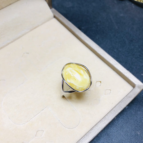 天然原矿白花蜜蜜蜡戒指12X16MM925银琥珀手饰活口可调节指环百搭
