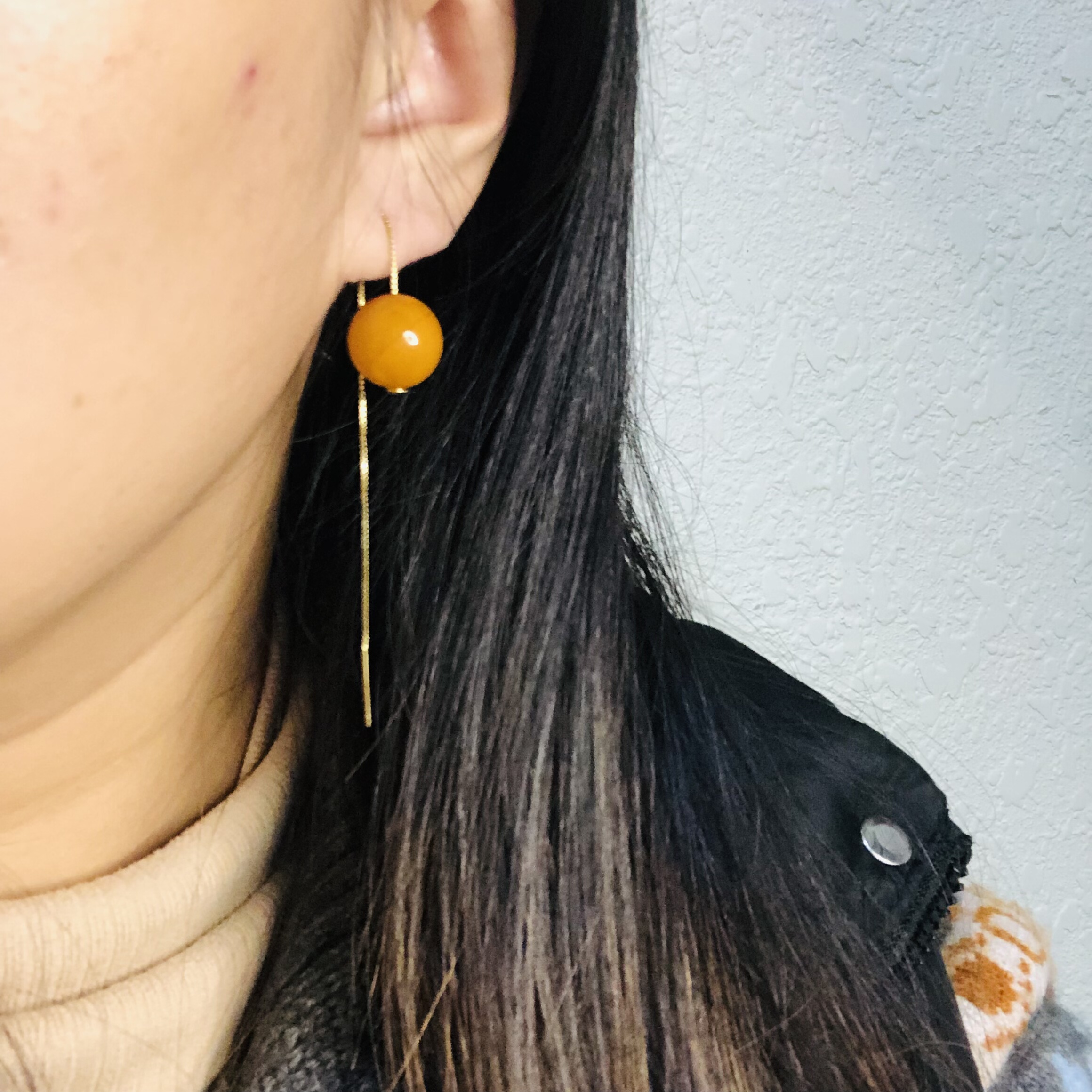 925银老蜜12.8MM耳线天然正品耳饰总长度100MM开调节耳环琥珀蜜蜡