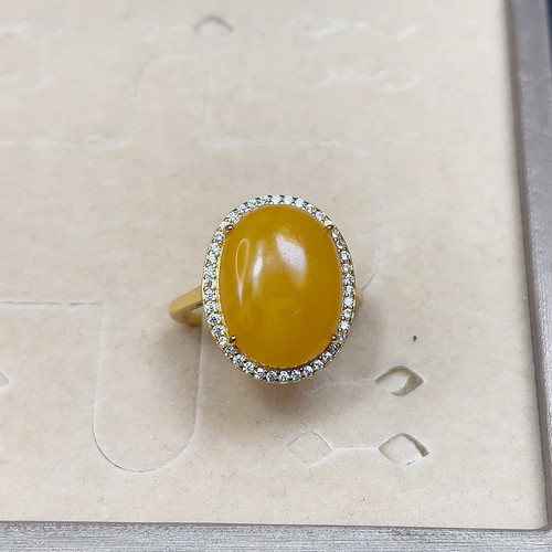 天然蜜蜡戒指12X16MM琥珀925银镶嵌满蜜老蜜鸡油黄时尚女款活口