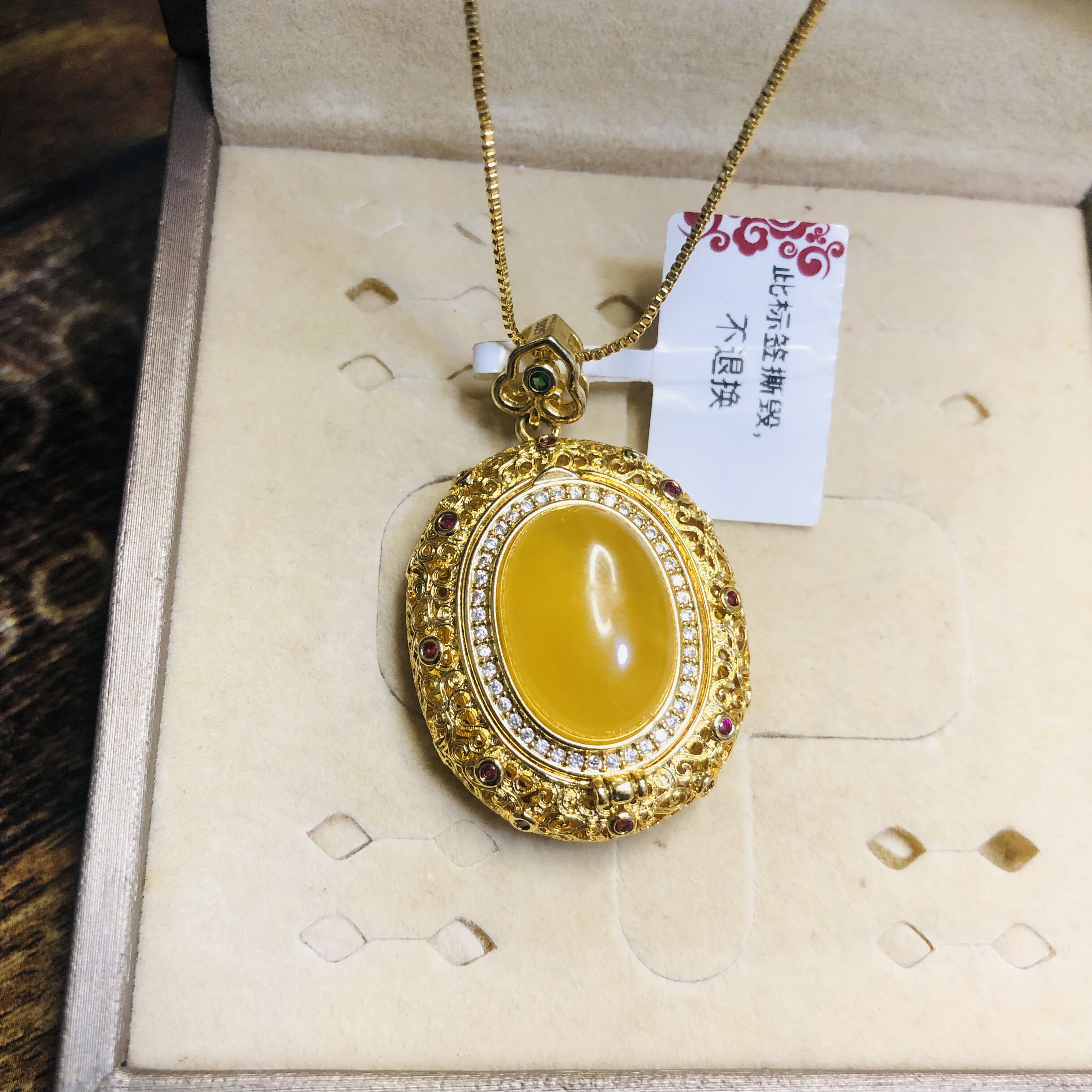 天然老蜡蜜蜡13X18MM吊坠女款琥珀925银镶蜜糖黄鸡油蜜宫廷香囊款