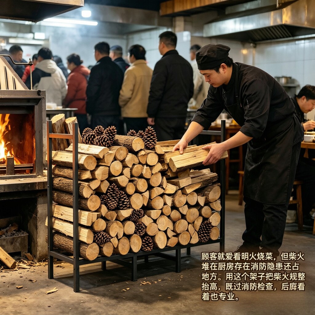 农庄农家乐灶台木柴架户外庭院铁艺堆放架大容量收纳架壁炉木材框