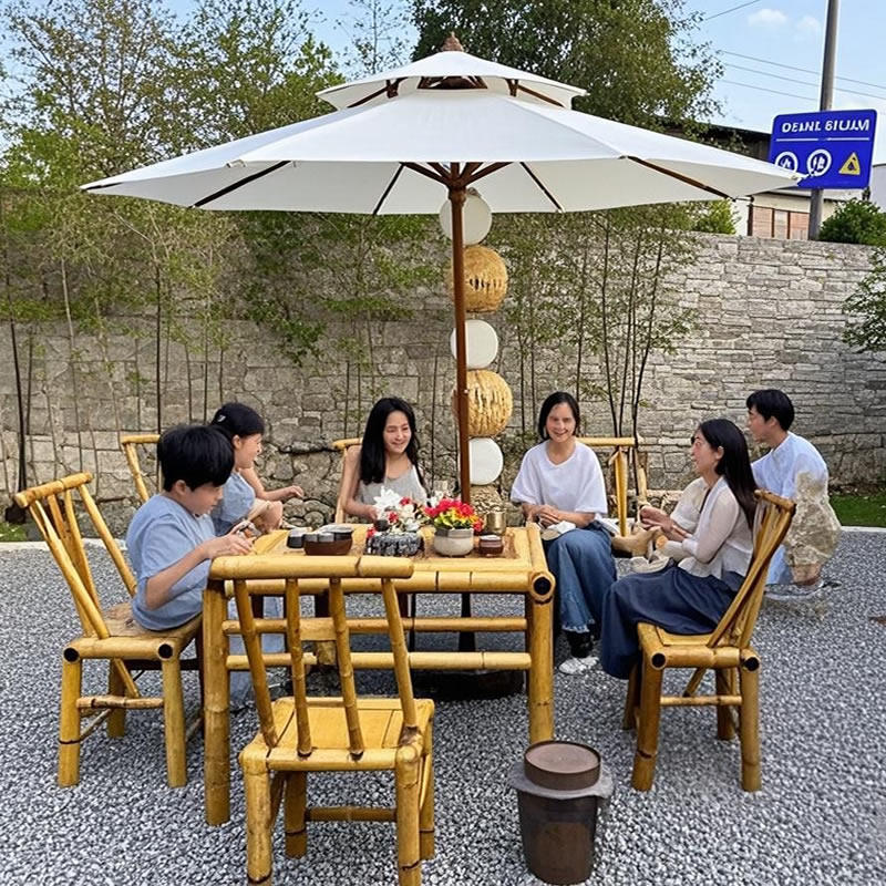 户外桌椅庭院露天带伞竹桌椅组合餐桌手工竹藤椅子庭院围炉煮茶桌