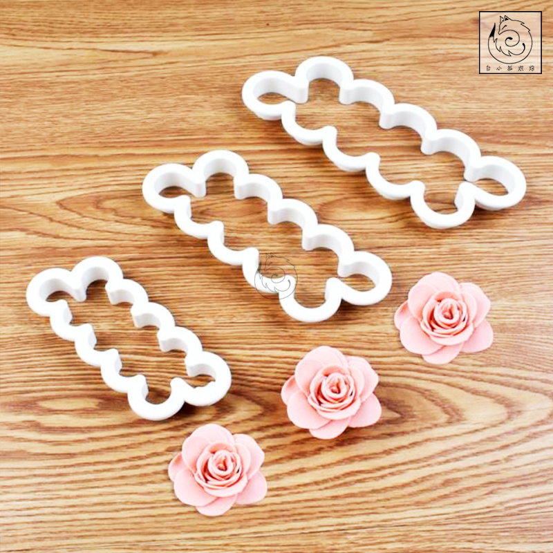 白小狐玫瑰花一体切模DIY蛋糕装饰 手工翻糖干佩斯花卉模具三件套