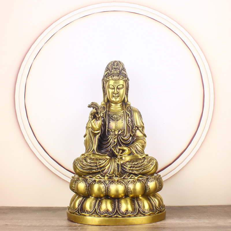 纯铜观音菩萨家用坐莲观音佛像铜南海观世音菩萨像佛堂客厅送经文