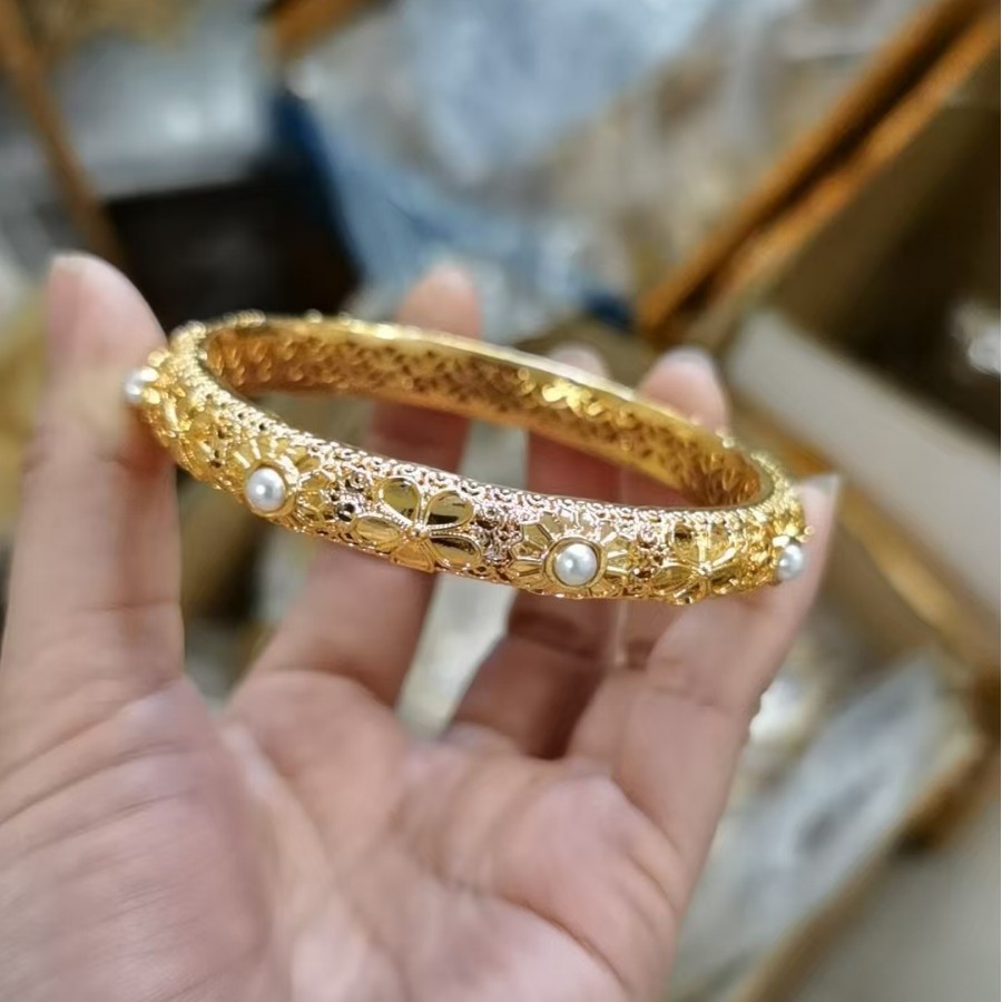 沙金古法十全十美珍珠手镯女款花丝镶嵌黄铜镀金仿真金复古手环
