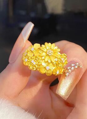 黄金色繁花锦簇戒指女时尚轻奢镶