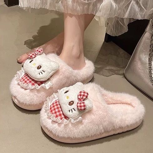 围兜HelloKitty棉拖鞋女2025新款厚底毛毛拖室内外防滑保暖包头鞋