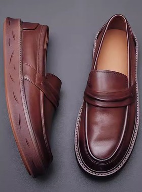 帕达索牛皮乐福鞋新款男士一脚蹬懒人鞋套脚皮鞋透气豆豆鞋230510