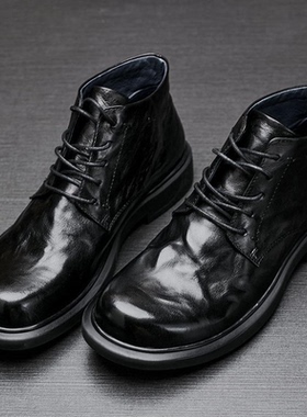 帕达索男士真皮马丁靴休闲时尚短靴圆头中帮黑色潮流靴子男221007